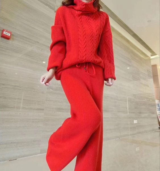 

suit2021 two-piece autumn and winter wool suit hemp standard knitted shirt turtleneck high-length long trousers of two female tides iybz, White