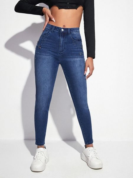 

rhinestone beaded skinny cropped jeans p8ja#, Blue