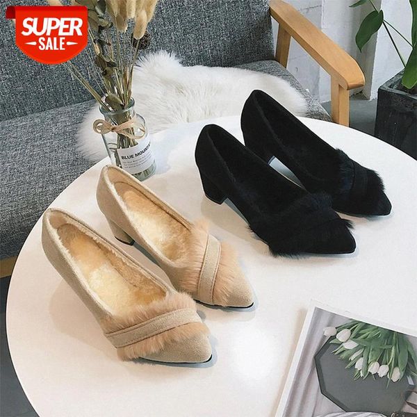 

lcizrong add plush women pumps fashion faux fur warm winter 5.5cm high heels female thick heel pumps for woman #hl7z