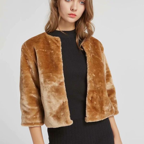 

women's wool & blends harajuku autumn winter women fur jackets solid stylish thick warm cashmere o-neck coats casual bow girls 3/4 slee, Black