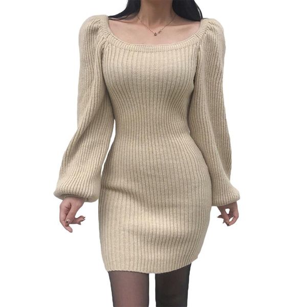 

casual dresses 2021 autumn winter women knitted dress long lantern sleeve square collar solid slim mini elegant short, Black;gray