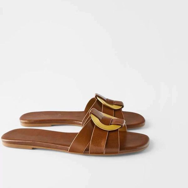 

2021new summer flat slippers women's shoes british style big buttons one-line outside slippers female all match flip-flops mujer, Black