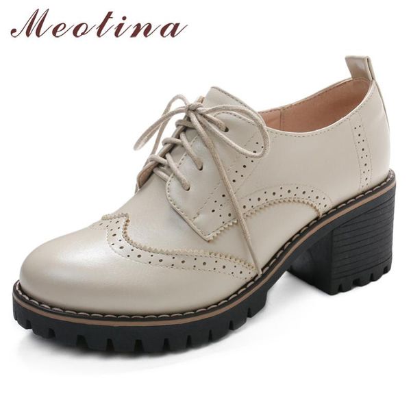 

dress shoes meotina high heels women pumps lace up square brogue casual round toe female spring black plus size 33-43