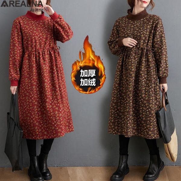

women dresses autumn winter vintage velvet warm print casual lace up long sleeve retro cotton maxi robe floral plus size dress, Black;gray