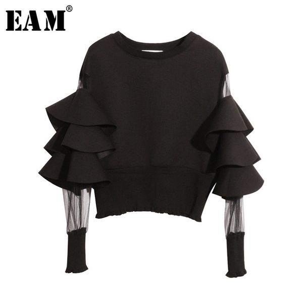 

[eam] spring round neck long sleeve solid color gauze split joint loose sweatshirt women fashion jc509 210910, Black