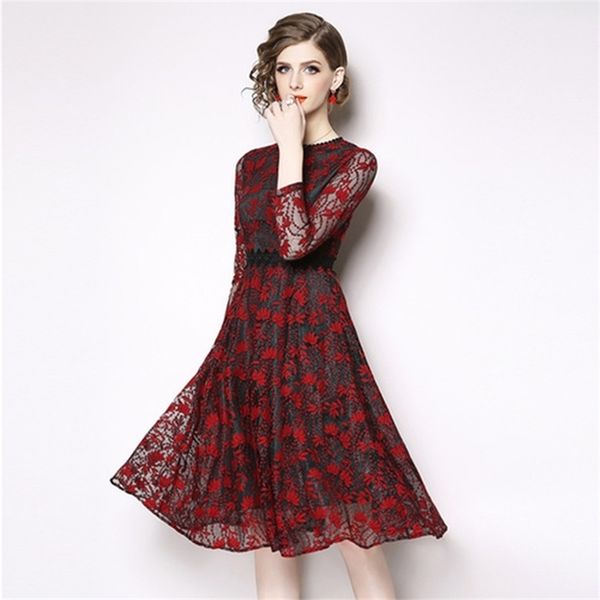 Spring robe vermelho vintage oco vestido de renda vestidos casuales mujer mulheres retrô kerst jurk dames sukienka 210603