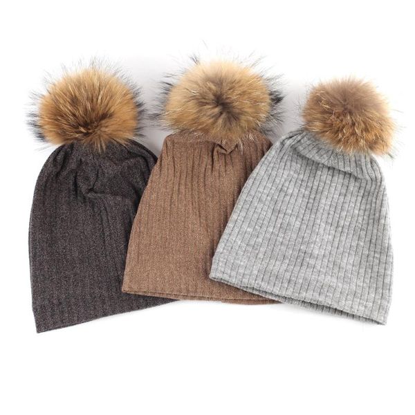 

beanie/skull caps raccoon pom winter plain ribbed soft warm slouchy beanies 2021 women with real fur pompom girls balavaca hat, Blue;gray