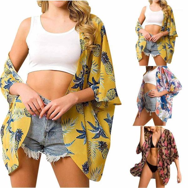 

women's swimwear fashion women chiffon printed open front holiday loose casual thin blouse beachwear cover ups 2021 vestidos de playa, White;black