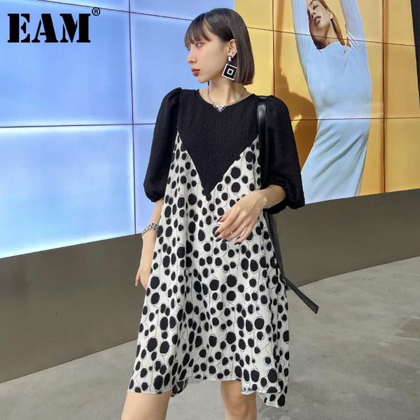 

casual dresses [eam] women black spliced dots dress round neck puff short sleeve loose fit fashion tide spring summer 2021 1dd8579, Black;gray