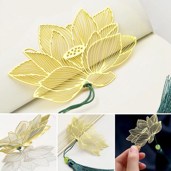 

bookmark metal with tassels golden brass lotus for book lovers writers readers office school supplies gift
