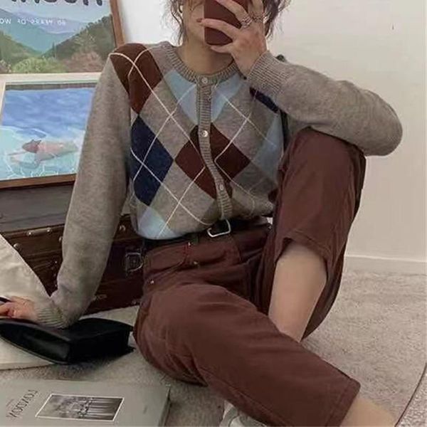 

women's knits & tees elegant cropped cardigans fall 2021 women clothing winter sweaters plaid single breasted checkered vintage knitwea, White