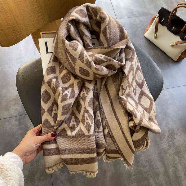 

scarves winter thickened warm imitation cashmere geometric stripe letter a double-sided two-color leisure busins out scarf female, Blue;gray