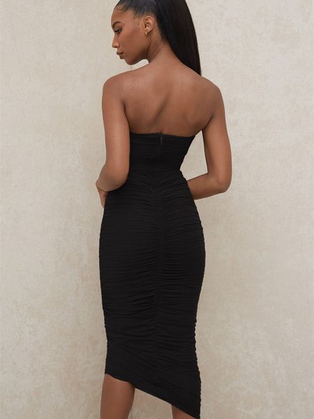 

off shoulder party summer night club women midi dress sleeveless black ruched long bodycon dress backless strapless, Black;gray