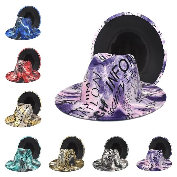 

2021 letter graffiti shallow wool felt fedora hat men women jazz hat western cowboy fascinator formal wedding church cap, Blue;gray