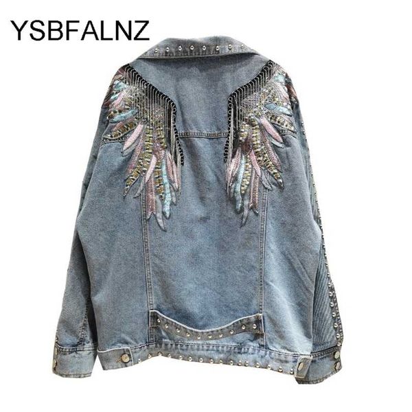 Rivet Wings Mantel Lässige bestickte Jeansjacke Sprint Kurzmantel Jacken für Langarm Chaqueta Mujer 211014