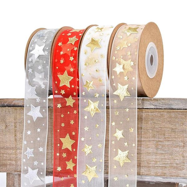 

jewelry pouches, bags 10yards organza fabric golden printed christmas star ribbon needlework craft decarotions handcraft diy gifts, Pink;blue