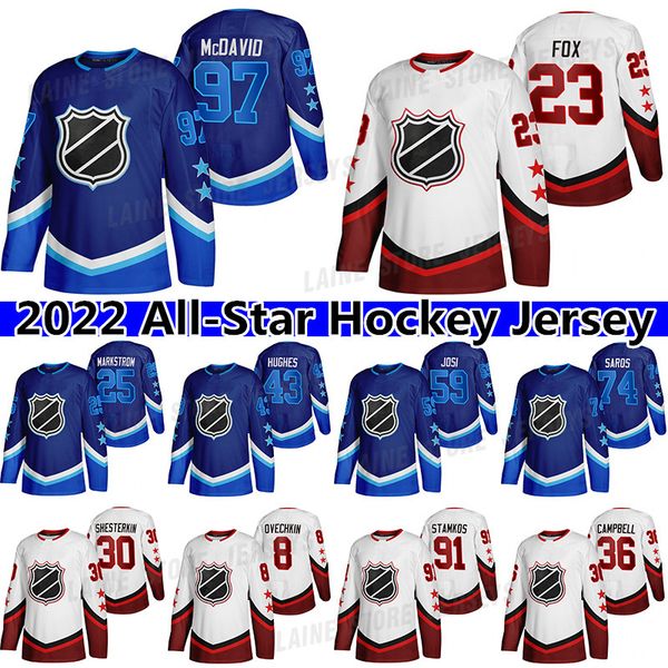 

connor mcdavid 2022 all-star jersey 97 kirill kaprizov 8 alex ovechkin 23 adam fox 43 quinn hughes 61 mark stone 36 jack campbell hockey jer, Black;red