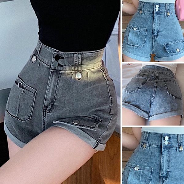 

street wear retro summer shorts female shorts denim high waist zipper loose casual jeans wide legs, Blue