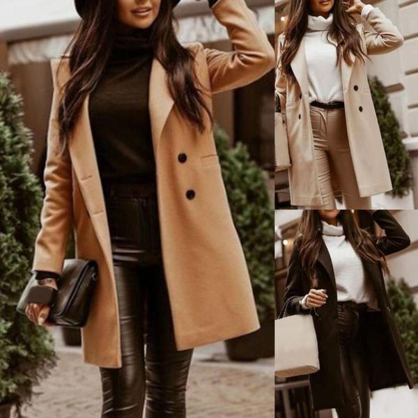 

women's wool & blends coat long sleeve solid color lapel side pockets warm woolen plus size classic outerwear for autumn winter, Black