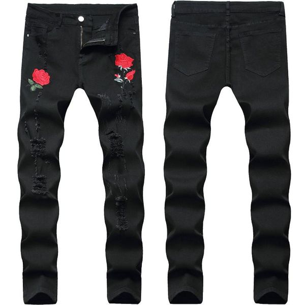

men's jeans arrive slim stretch black ripped rose embroidery denim pants light luxury casual men;, Blue