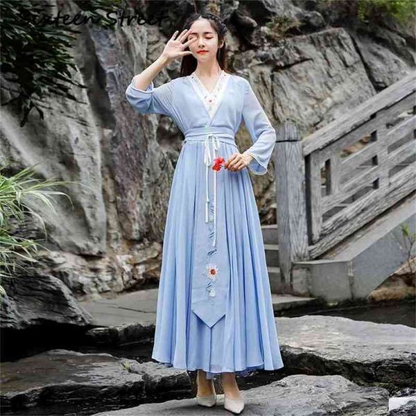 Длинные женщины платье шифон старинные китайский стиль hanfu v-образным вырезом лодыжки рукав вечерняя вечеринка платья элегантный синий 210603