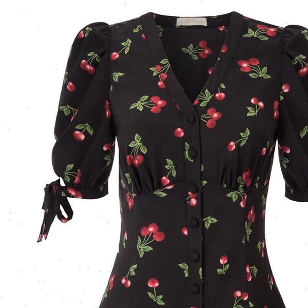 

belle poque womens shirts cherries pattern shirt summer clothes short puff sleeves v neck button placket sweet elegant new, White