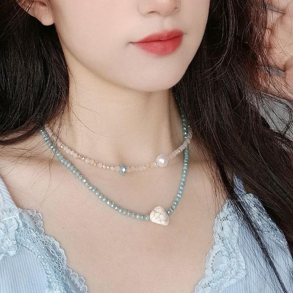 

chains necklace with bohemian crystal beaded turquoise for female handmade rice bead pearl clavicle chain jewelry, Silver