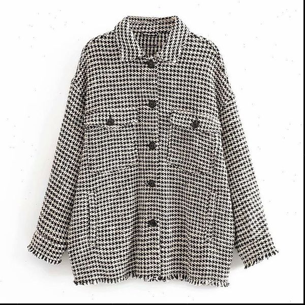 

houndstooth women jacket coats tweed jacket streetwear tassel plaid jacket ladies vintage autumn casual women overcoat, Black;brown