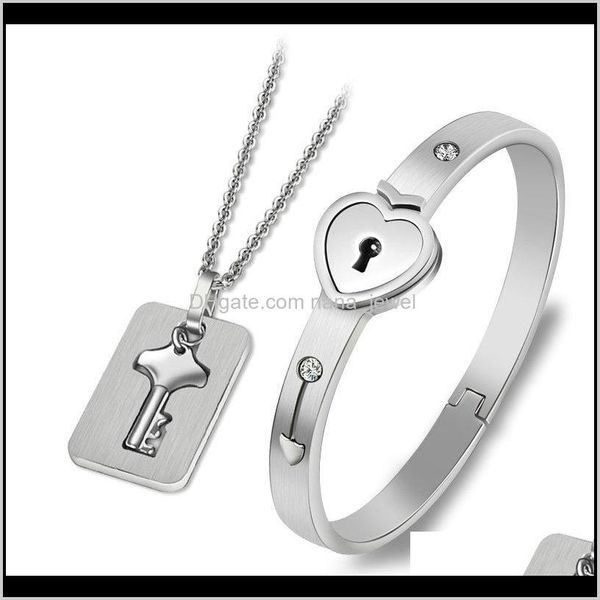 

valentine's day gift a couple jewelry sets stainless steel love heart lock bracelets bangles key pendant necklace couples kkg2t bdohx, Silver