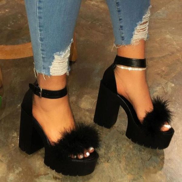 

dress shoes platform women sandals hollow out evening party fashion square high-heel one word ankle strap buckle peep toe, Black