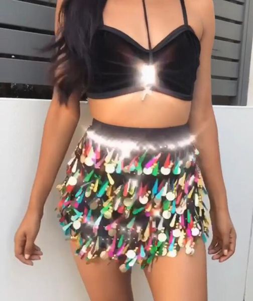 

colorful tassel skirts women summer party nigh club sequined skirts lady tassel short fringe bottoms jupe femme skirts 2020 new, White