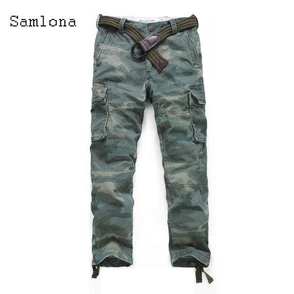 

men's pants samlona plus size men camouflage 2021 spring autumn slim bottoms pant male patchwork zipper cargo trousers mens clothing, Black