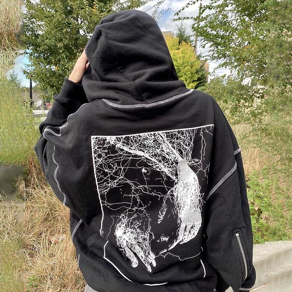 

streetwear long sleeve splice big pocket hoodies women fashion loose back print hooded winter casual y2k pullover, White