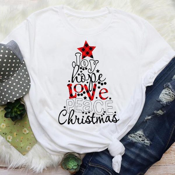 

women letter love star plaid fashion 90s holiday merry christmas print lady female graphic tees clothes t shirt t-shirt, White