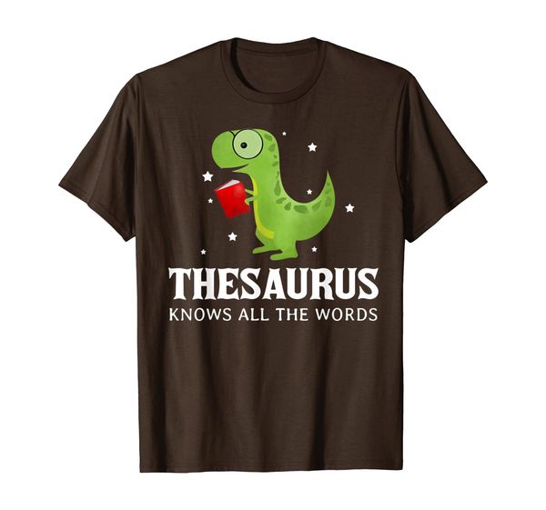 

thesaurus know all the words pun dinosaur reading t shirt, White;black