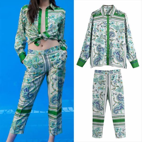 

za summer fashion print womens pants 2 pieces sets loose long sleeve shirt and suits ozz1026, White