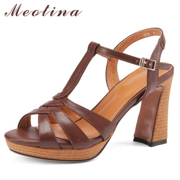 

meotina women gladiator shoes real leather sandals t-strap super high heel sandals round toe thick heel shoes summer brown 33-43 210608, Black