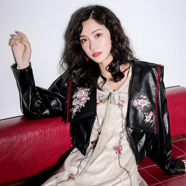 

women's leather & faux spring autumn 2021 women sailor collar vintage flower embroidery coat long sleeve casual short biker jacket fash, Black