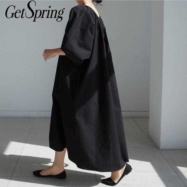 

getspring women dress puff sleeve bandage cotton shirt dresses plus size loose long casual black pink 210601, Black;gray