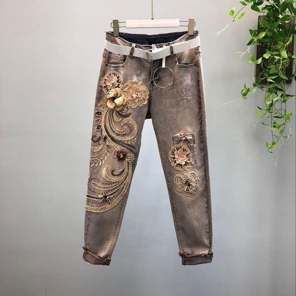 

women's jeans vintage for woman 2021 spring winter heavy stereo flower floral stickers elastic denim pants girl lady casual trousers, Blue