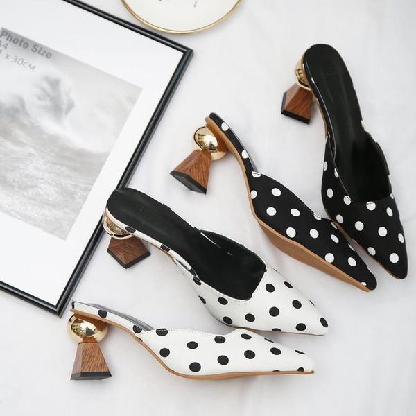 

slippers comemore 2021 fashion mules polka dot women high heels for pointed toe slip flip flops summer shoes, Black