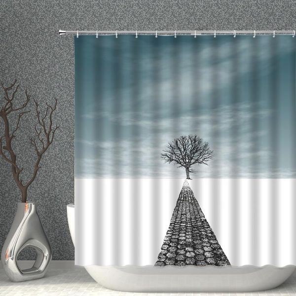 

shower curtains tree curtain waterproof cloth plant path under blue sky landscape white bath simple bathroom screen home decor