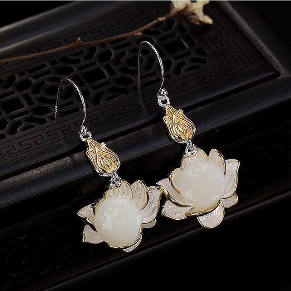 

dangle & chandelier s silver original inlaid natural hetian jade lotus temperament niche design light luxury senior sense women's earri