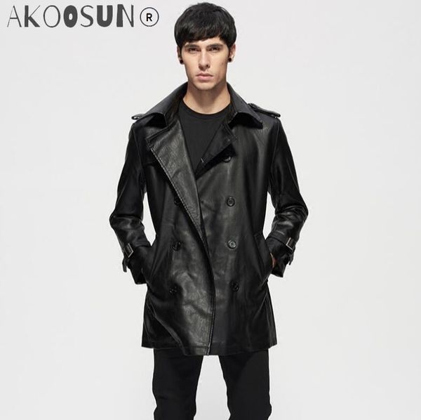 

men's trench coats 2021 en najaar nieuwe mannen dunne riem revers lederen windjack mannelijke lange sectie koreaanse jassen heren slim, Tan;black