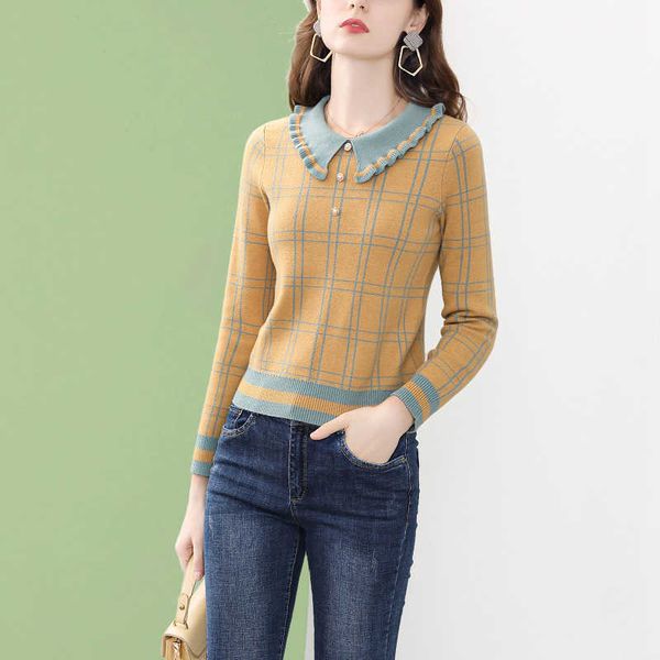 NUR PLUS Frauen Gelb Plaid Gestrickte Bluse Peter Pan Kragen Casual Langarm Tops Winter Strickwaren Pullover Streetwear 210928