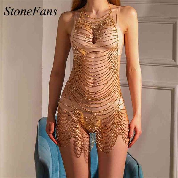 

stonefans rhinestone suit dance lingerie long beach wear crystal dress full body chain hollow out skirt, Silver