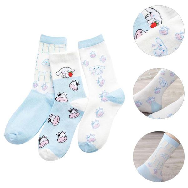 

men's socks 3 pairs cow embroidery mid-calf stocking adorable cotton, Black