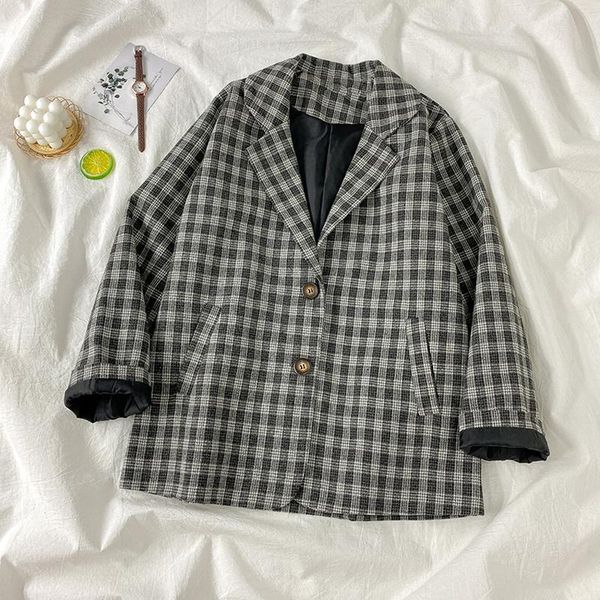 

women's suits & blazers plaid women single breasted loose notched elegant all-match outwear students casual fashion spring autumn cloth, White;black
