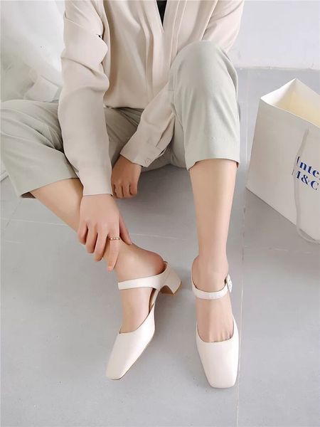 

sandals high-heel sandals from the toe square mule high-heeled vintage leather shoes lvgz, Black