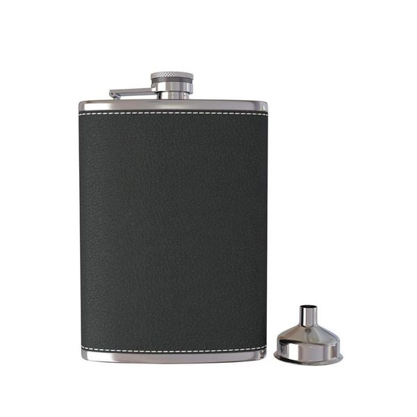 

hip flasks 8 oz pocket flask with funnel stainless steel black leather wrapped cover and leak proof - fits any suit for disc